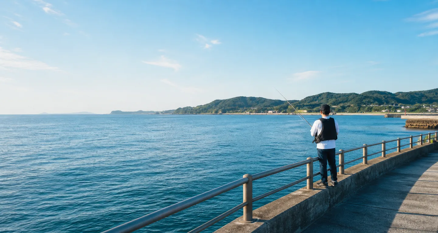 安全柵のある海辺でライフジャケットを着用して釣りを楽しむ人