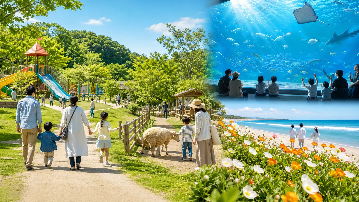 家族で公園、動物、水族館、海辺を楽しむ千葉のおでかけイメージ